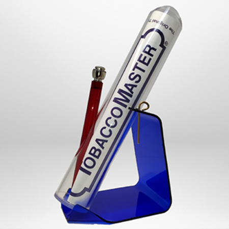 Tobacco Master's twelve inch straight acrylic bong sitting in it's stand 45 degrees right..