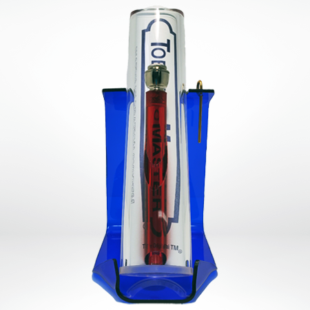 Tobacco Master's nine inch straight acrylic bong sitting in it's stand facing forward.