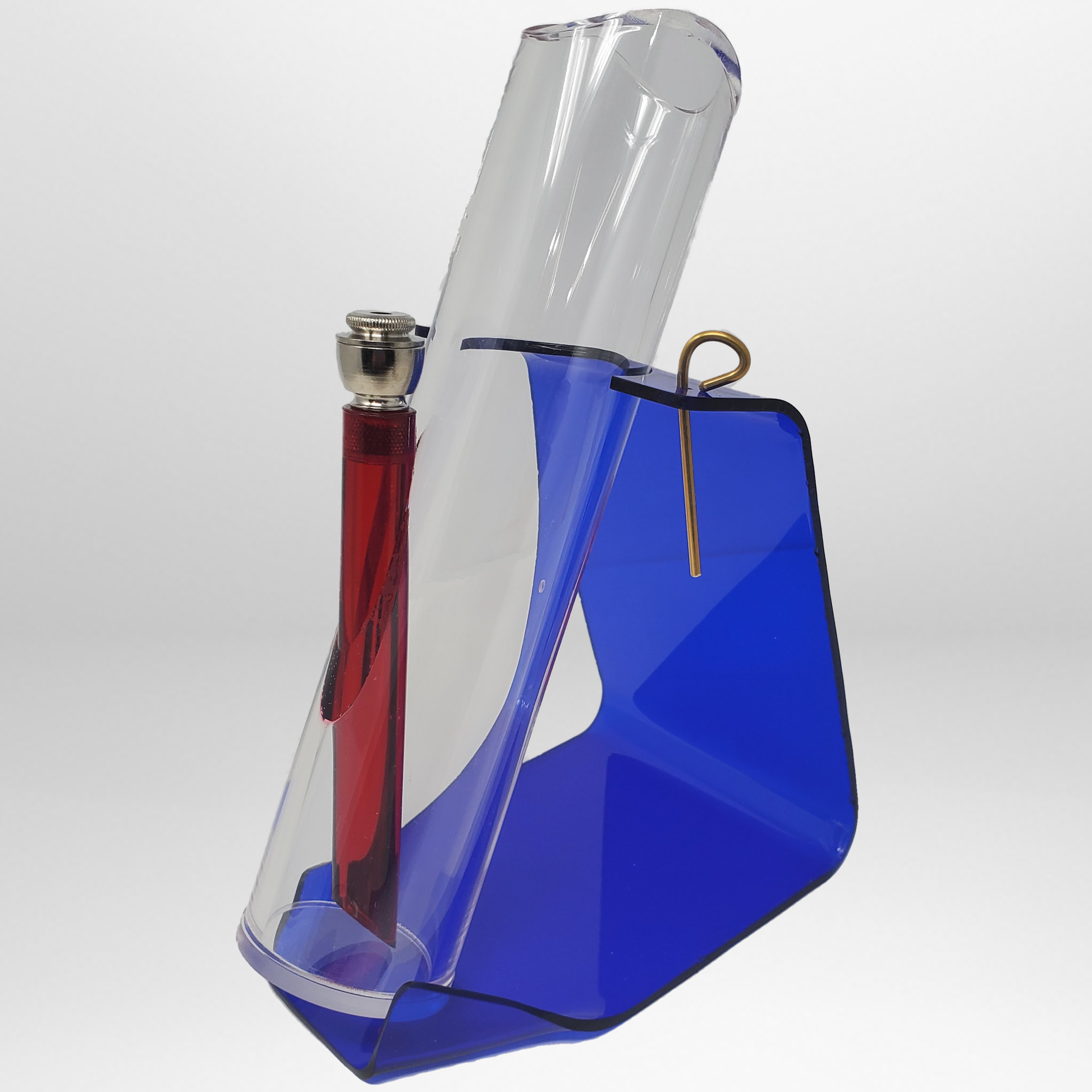 Tobacco Master's nine inch straight acrylic bong sitting in it's stand without the paper.