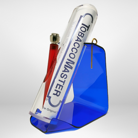 Tobacco Master's nine inch straight acrylic bong sitting in it's stand facing 45 degrees right.