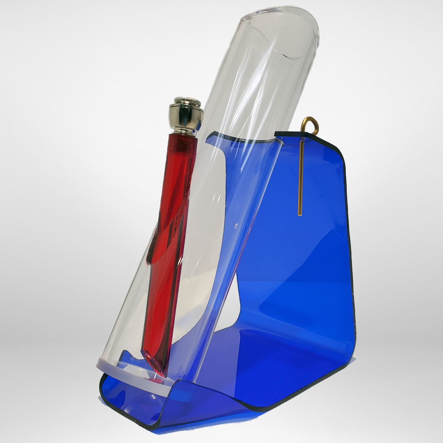 Tobacco Master's nine inch straight acrylic bong sitting in it's stand without the paper.