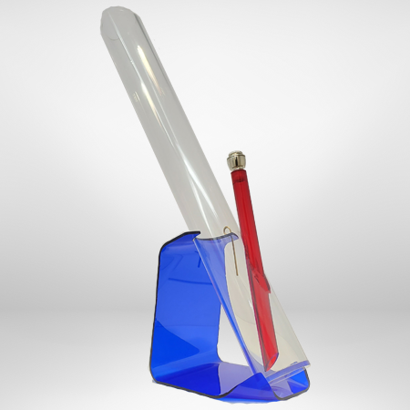 Tobacco Master's eighteen inch straight acrylic bong sitting in it's stand without the paper.