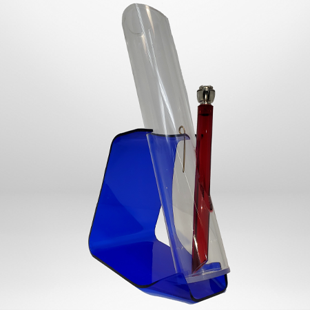 Tobacco Master's twelve inch straight acrylic bong sitting in it's stand without the paper.
