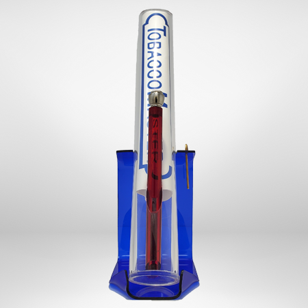 Tobacco Master's fifteen inch straight acrylic bong sitting in it's stand facing forward
