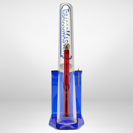 Tobacco Master's eighteen inch straight acrylic bong sitting in it's stand facing forward.