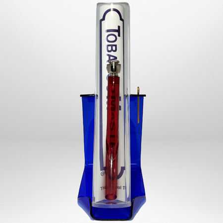 Tobacco Master's twelve inch straight acrylic bong sitting in it's stand facing forward.