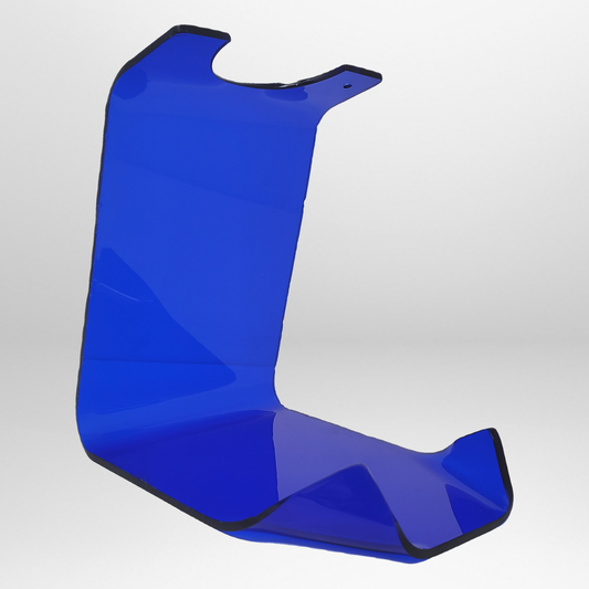 Tobacco Master's blue acrylic stand facing 45 degrees left.