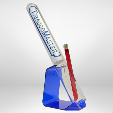 Tobacco Master's eighteen inch straight acrylic bong sitting in it's stand facing 45 degrees left.