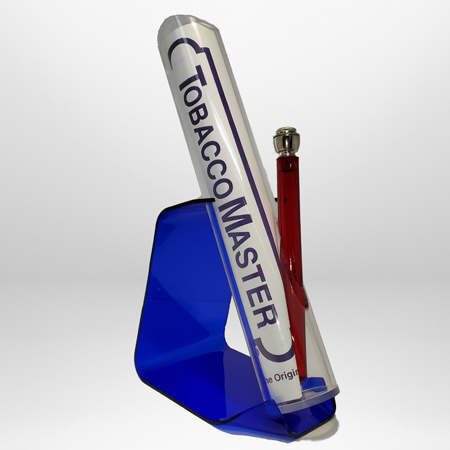 Tobacco Master's twelve inch straight acrylic bong sitting in it's stand facing 45 degrees left.